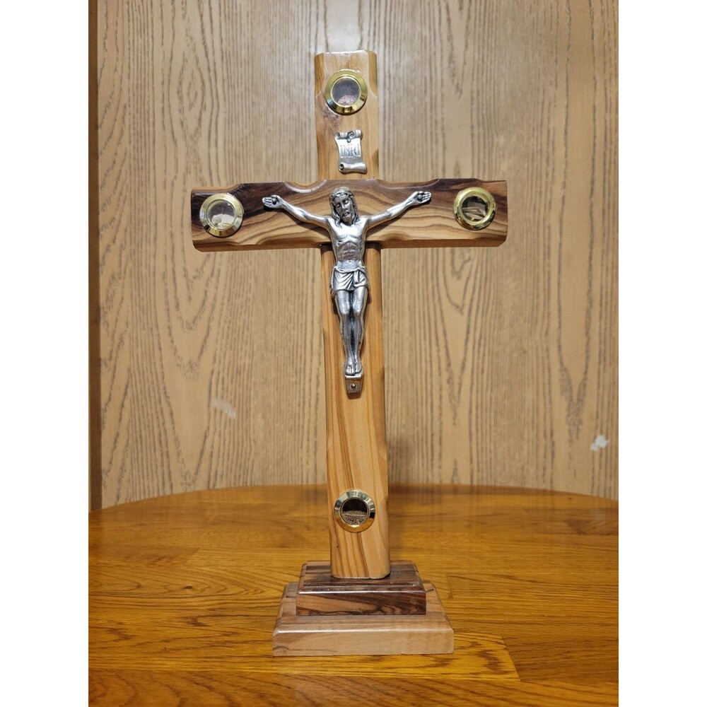 Jerusalem Olive Wood Crucifix with Base and 4  Elements From The Holy Land  11X6